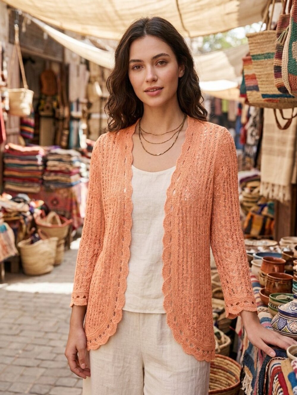 Decree Loose Salmon Crochet Knit Open Front Cardigan